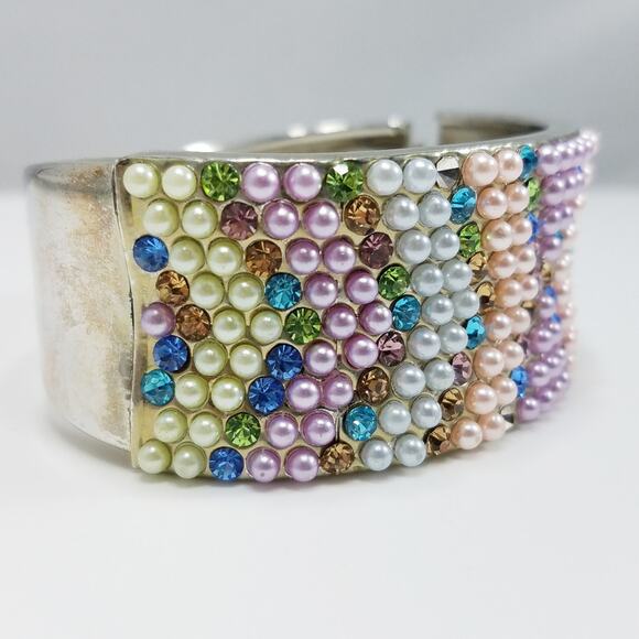 Faux Pearl Rhinestone Hinged Silver Tone Bracelet, 7 Inches - Picture 5 of 8